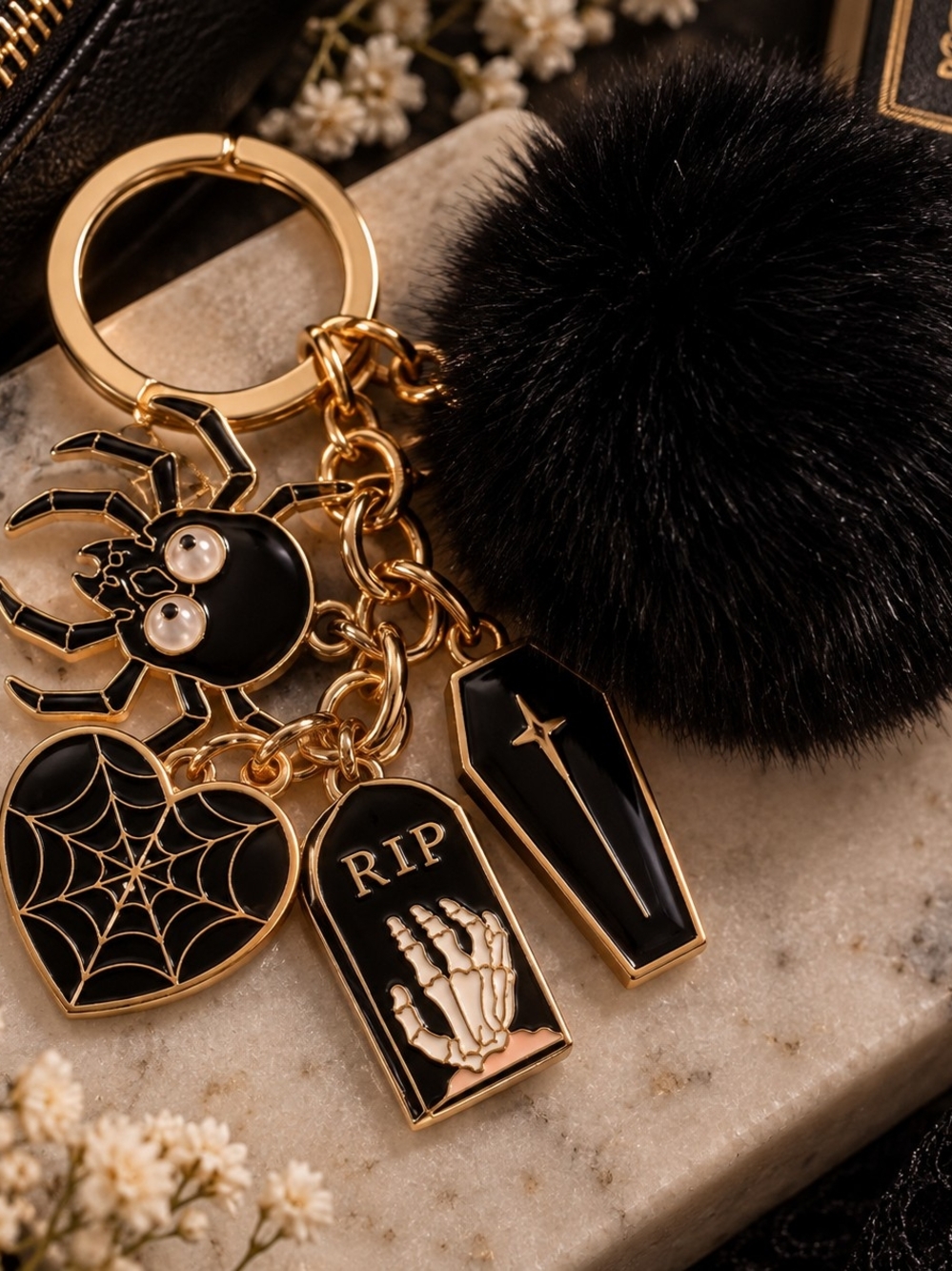 Black Halloween Purse Charm/ Keychain with Pom Pom - New